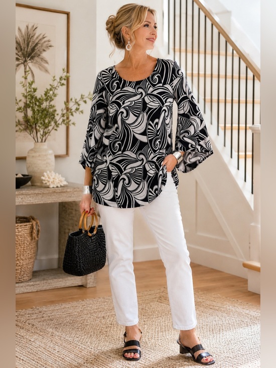 Laura Tops - Laura Black & White Swirl Print Bell Sleeve Tunic Top Medium